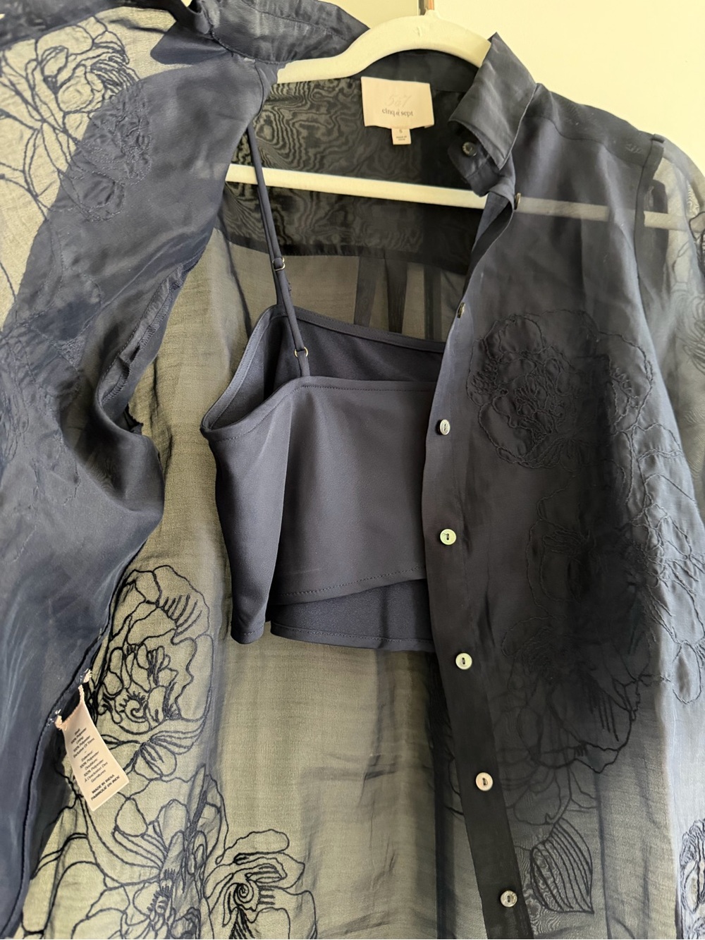 cinq a sept Navy Sheer Embroidered Button-Down Shirt - Picture 3 of 7